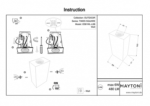 Уличный LED настенный светильник Maytoni Times Square O581WL-L6B