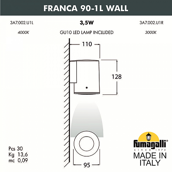 Уличный настенный светильник Fumagalli Franca 90 3A7.002.000.WXU1L