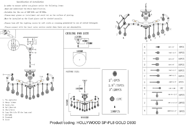 Подвесная люстра Crystal Lux HOLLYWOOD SP-PL8 GOLD D800