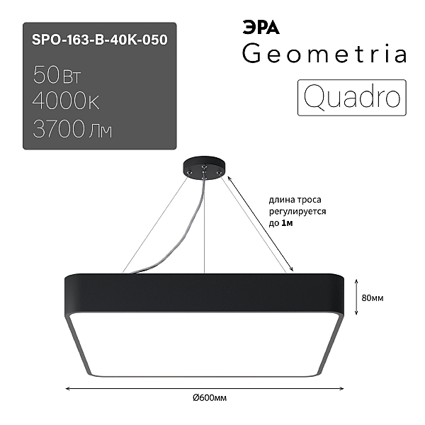 Светильник подвесной ЭРА Quadro SPO-163-B-40K-050