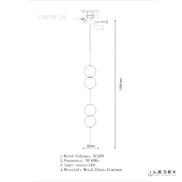 Светильник подвесной ILedex Omega 10678P/4-20W-3000K BK-WH