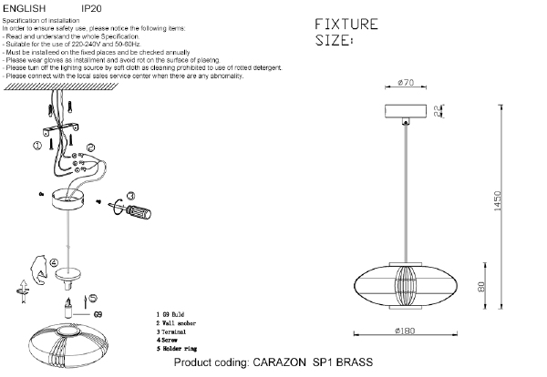 Светильник подвесной Crystal Lux Carazon CARAZON SP1 BRASS
